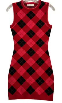 Zara‎ Women's Argyle Sweater Dress Sleeveless Knit Mini Body Con Preppy Size S
