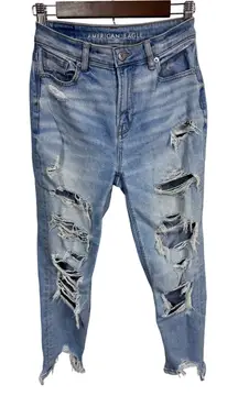 American Eagle‎ Distressed Mom Jeans High Rise Light Wash Women's 0 Short Grunge