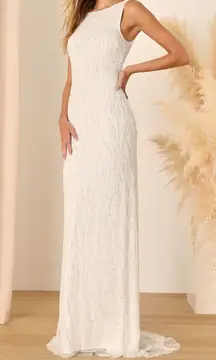 Lulus Glamourous Ever After White Sequin Beaded Backless Maxi Dress Women’s Sz M