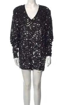 ROTATE Birger Christensen Masha V-Neck Black Silver Sequin Dress Paillette sz M