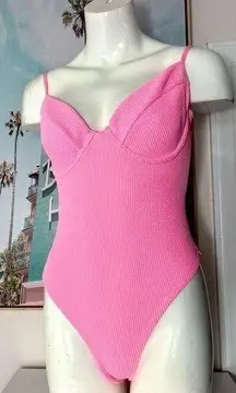 Primark Neon Pink Textured Ribbed Underwire High Leg One Piece Swimsuit Sz 8 10