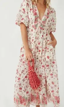 Free People Lysette Maxi Dress in Tea Combo Medium Bohemian Gypsy Indian Cotton