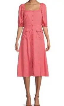 BCBGMAXAZRIA  NWT Pink Linen Blend Button Up Short Sleeve A-Line Midi Day Dress 8