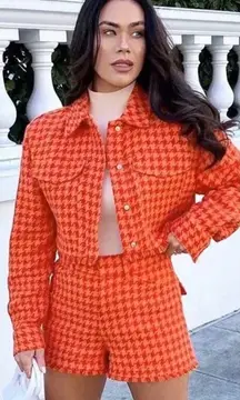 Zara Houndstooth Tweed Matching Set Crop Jacket‎ Sz M Shorts Sz L 4661/429/614