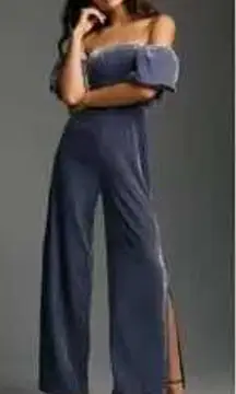 Anthropologie Velvet Jumpsuit Size 10 Blue Off Shoulder Ruched Wide Leg Occasion