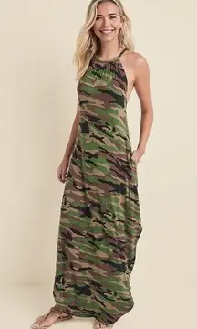 Venus  Olive Green Camo High Tie Neck Maxi Dress L