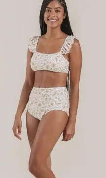 Rylee + Cru ruffle sleeve bikini top white & tan birds & floral print size small