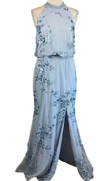 Adrianna Papell Sequin Halter Long A-Line Evening Gown Blue Size 14 Formal Dress