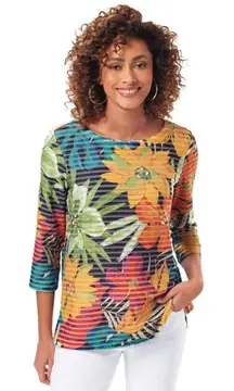 Multiples Colorful Floral Textured 3/4 Sleeve Round Neck Pullover Blouse Size M