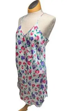 Vtg 1990s Inner Most White Pink Floral Print Satin V-Neck Mini Slip Dress M