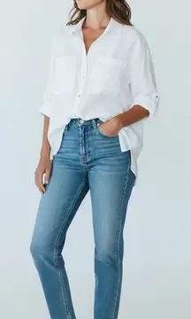 Megachoni White Linen Button Down Shirt Relaxed Fit Roll Tab Sleeve Size S