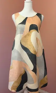 Rachel Zoe 100% linen abstract earth tones boho shift dress pockets NWOT Small
