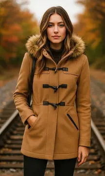 Cole Haan camel tan wool blend fur trim toggle hooded coat size 2 winter