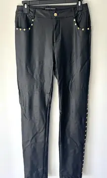 Boston Proper Black Faux Leather Pant Gold Studs High Waist Straight Leg Biker