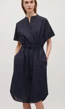 COS navy midi dress elastic drawstring chambray cotton pockets button down shirt