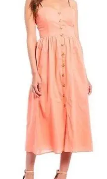 CREMIEUX Button Front Midi Dress Linen Sleeveless Spaghetti Straps Coral Size 2