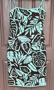 Etcetera Aqua and Brown Leaf Print Midi Dress