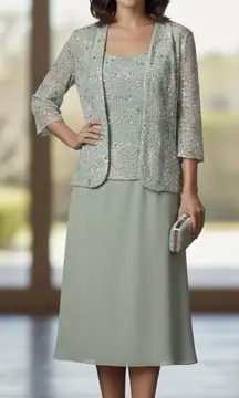 Alex Evenings Sage Green Sequin Jacket Top Pull On Skirt Dress MEDIUM PETITE