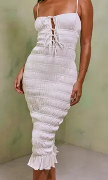 Oh Polly - Elegant White Ruched Midi Dress