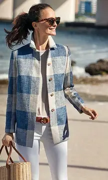 J. McLaughlin Hester Jacket Buffalo Check Gingham Plaid Jacket Blue Cream Sz XS
