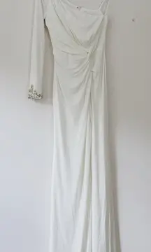 NEW Mac Duggal One Sleeve Beaded Cuff Side Twist White Gown