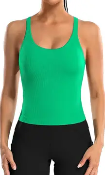 Women Ribbed Workout Crop Tops with Built in Bra Yoga Racerback Tank Top Tight Fit