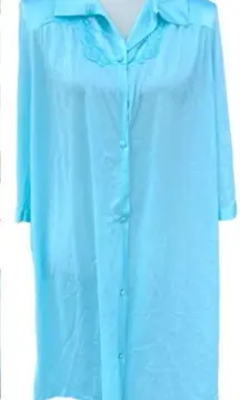 Vintage  Night Shirt Pajamas Nylon Light Blue Collared Button Up M