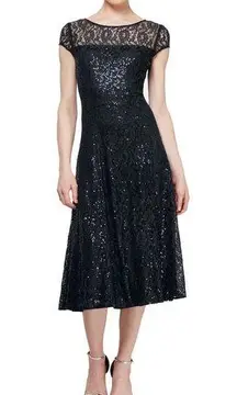 NWT SLNY Womens Black Lace Sequin Embellished Midi Cocktail Dress Size 12