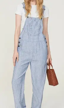 Faherty Linen Mechanic Overalls Blue White Stripe Size XL Jumpsuit