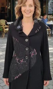 SIONI STUDIO Black Gray Whipstitch Patchwork Cardigan Sweater Big Buttons Large