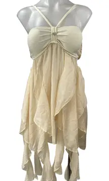 NEW Pinlang Cream Layered Sleeveless Halter Beach Swim Cover Up Dress Size S