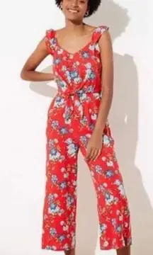 Loft Red Floral Tie Front Jumpsuit