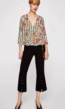 ZARA‎ Striped Floral Print Wrap Crossover V-Neck Kimono Ruffle Top Blouse Small