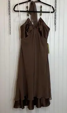 NWT Donna Ricco Women’s Brown Silk Midi Halter Dress Size 8