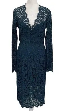 Bardot  Floral Lace Sheath Midi Dress Long Sleeve Teal Blue Wedding size Small