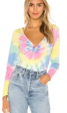 CHASER‎ Long Sleeve Ballet Wrap Top In Tie Dye Pink Yellow Size Large