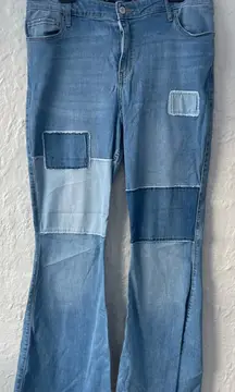 Hollister Patchwork High Rise Flare Raw Hem Soft Stretch Denim Jeans; 19 34/31