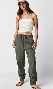 Free People  New Light Parachute Pants Ruched Army Green Cotton Bohemian