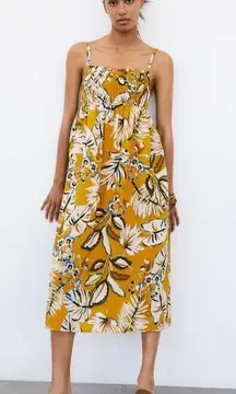 ZARA Mustard Yellow Tropical Floral Print Midi Dress