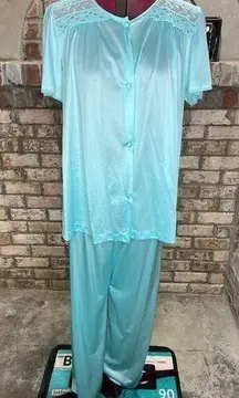 Vanity Fair satin pajama set top pants aqua pink lace floral
