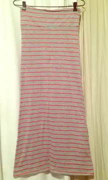 Grey Maxi Fold Over Waist Skirt With Coral Stripes