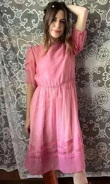 Vintage Sheer Bubble Gum Pink Chiffon Midi Prom Dress Maxi Formal Puff Sleeves