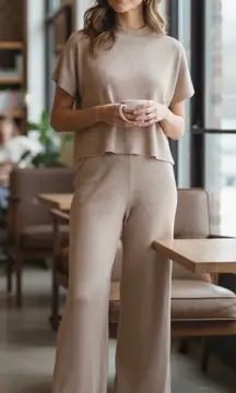 Zenana Ribbed 2pc wide leg set cream oversized fit small