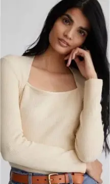 Anthropologie Long Sleeve Square Neck Top Ivory Cream Cozy Ribbed plus size 3X