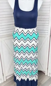 5th & Love Chevron Stripe Sleeveless Maxi Dress Sundress Blue Teal XL