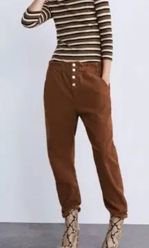 ZARA High Waisted Paper Bag Button‎ Fly Corduroy Ankle Pants Toffee Brown Size 2