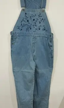 Christopher Banks Overalls Large Denim Cottage Core Embroider Bib Floral Prairie