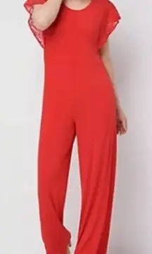 H Halston Cardinal Red Regular Jet Set Jersey Wide-Leg Jumpsuit Lace Sleeves