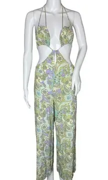 Sky to Moon Jumpsuit Womens Medium Yellow Purple Retro Floral Casual Sexy Beach