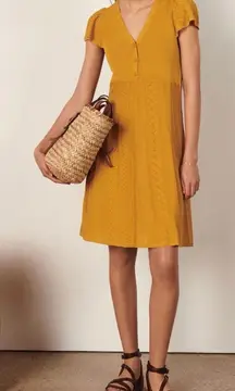 ba&sh Adana Pointelle Babydoll Cap Sleeve Knit Dress Mustard Yellow Lined Size 2